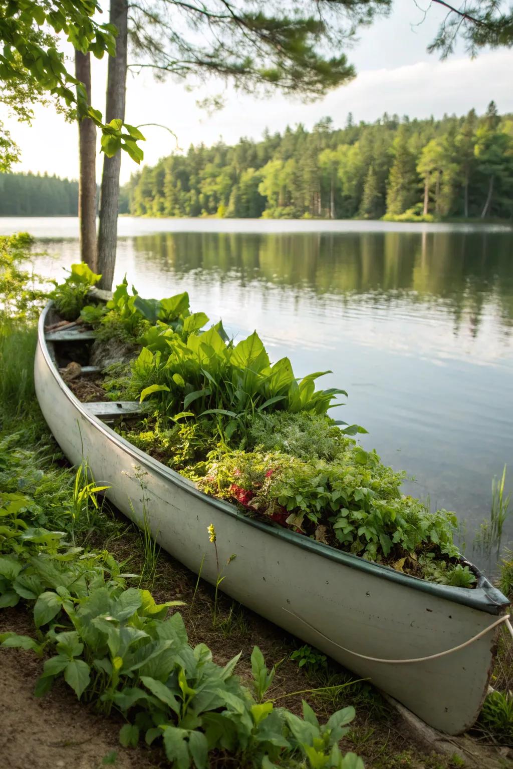 A lake-side canoe planter blends seamlessly with the natural landscape.