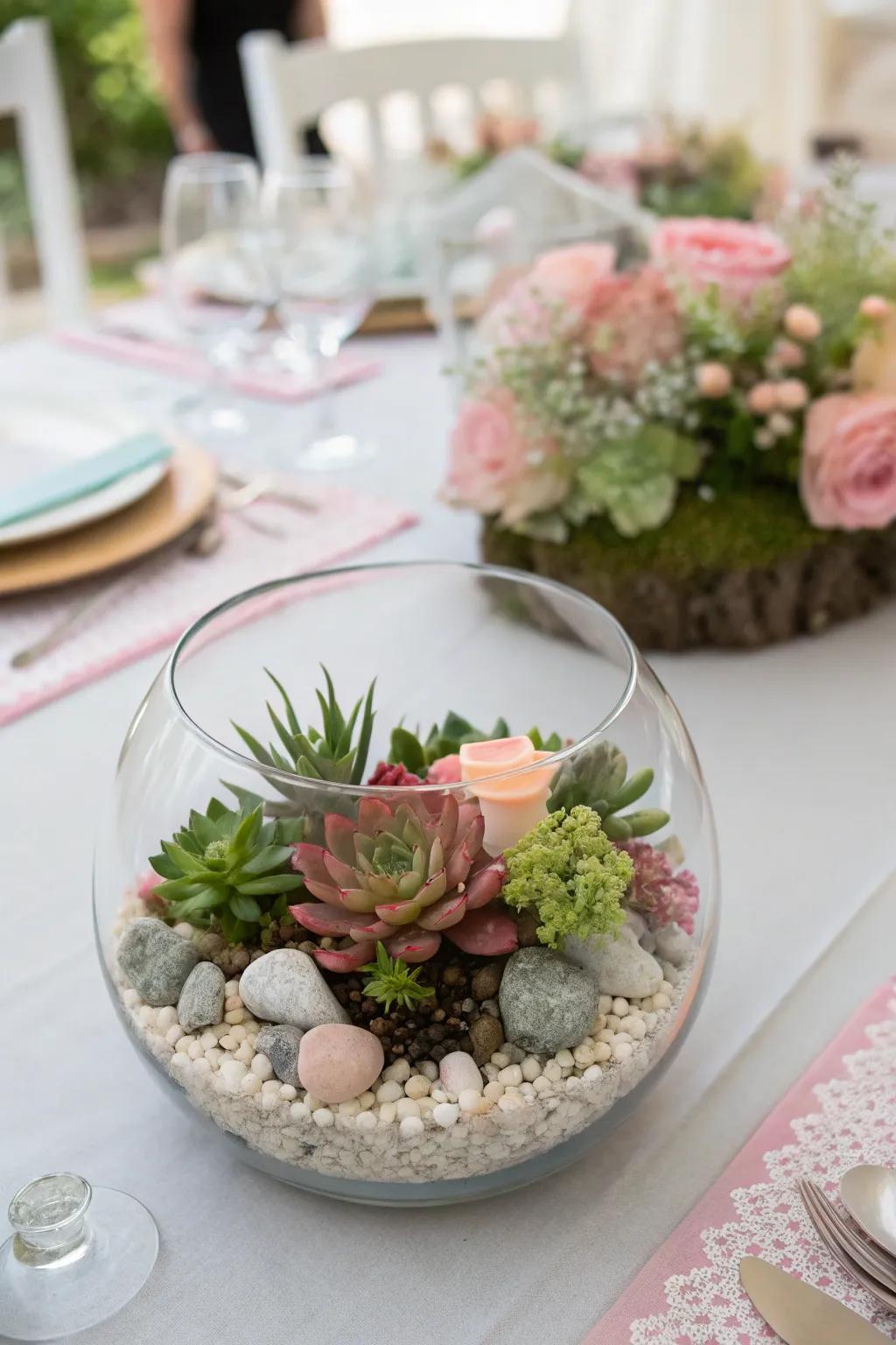 Succulent terrarium centerpiece for a modern look.