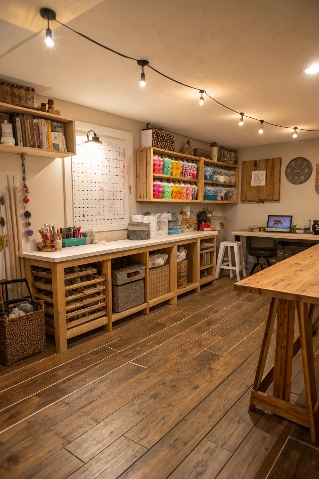 Engineered wood planks deliver a rustic and affordable flooring alternative for creative environments.