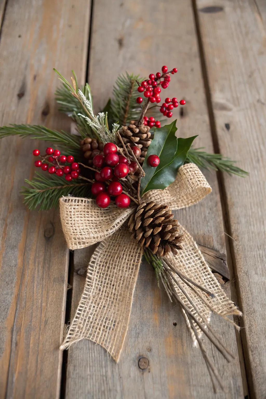 A cozy Christmas corsage with burlap and berries.