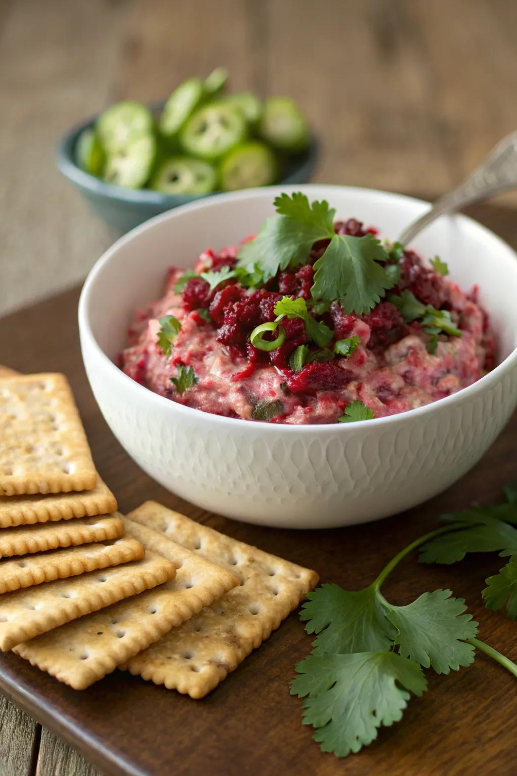 Tangy pepper dip presents a daring and flavorful option.
