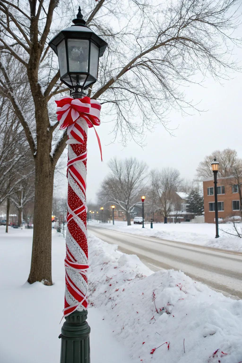 Candy cane stripes introduce a sweet detail to a lamp post.