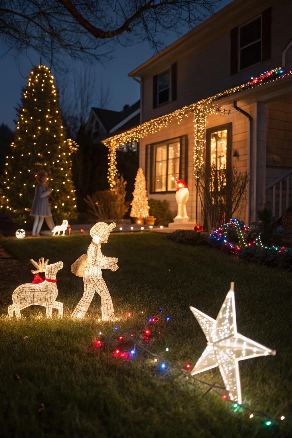 Light-up figures and stars creating a whimsical Christmas lawn scene.