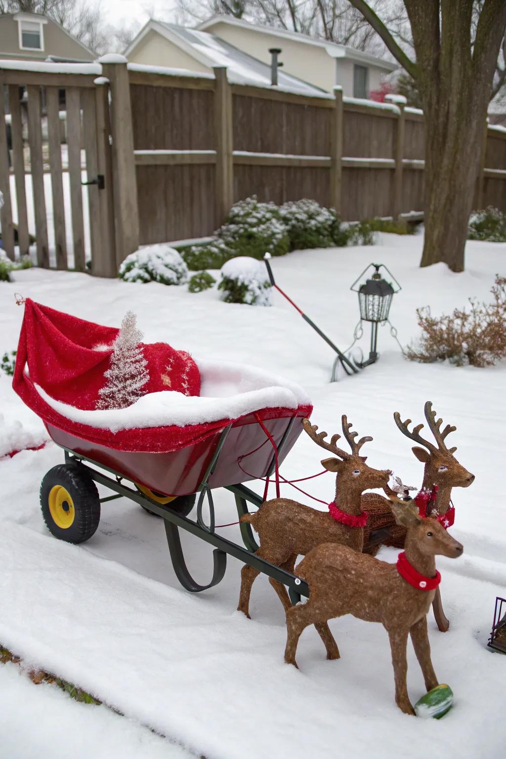 A playful take on Santa's sleigh using a wheelbarrow.