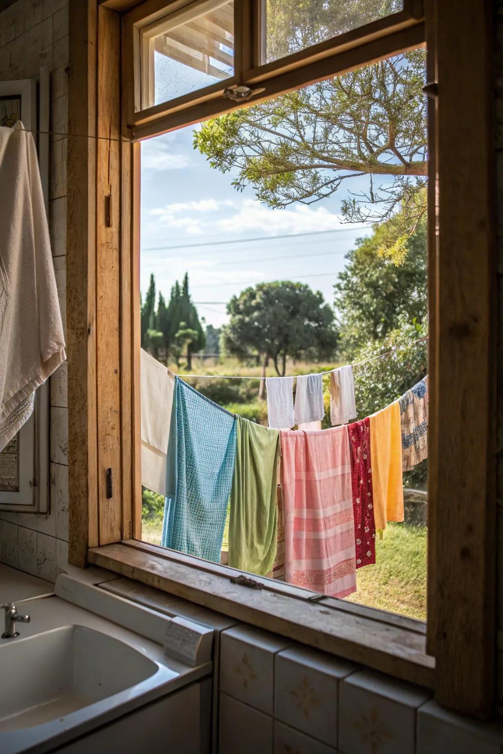 A subtle and convenient clothesline outside the kitchen window.