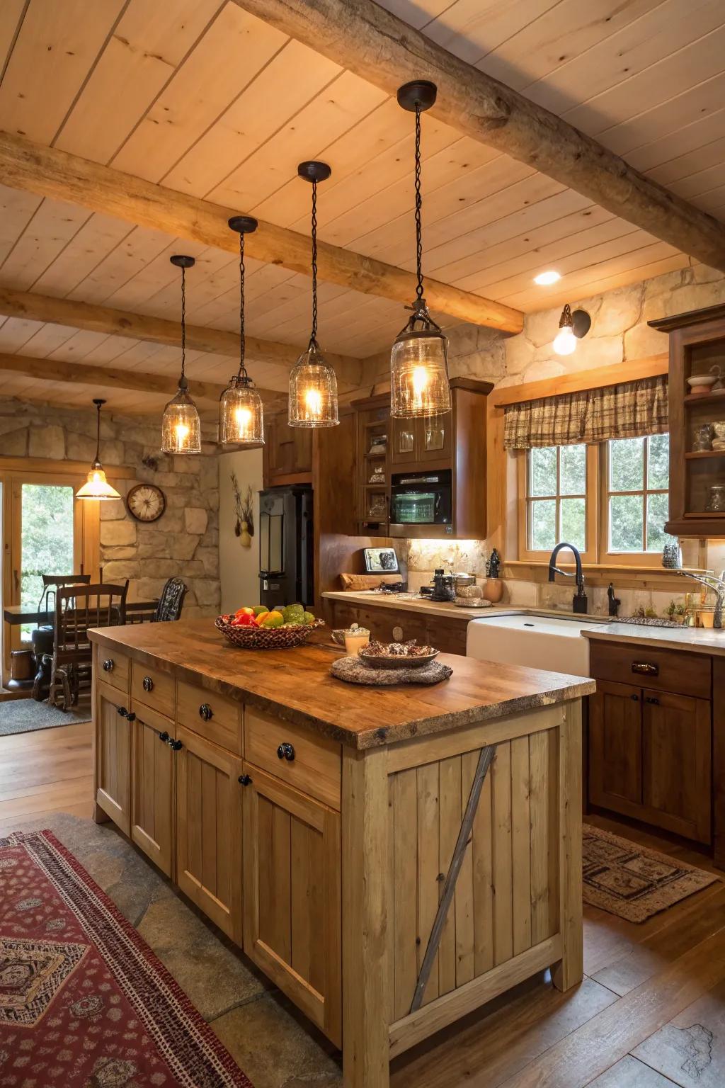Warm pendant lights light this inviting kitchen.