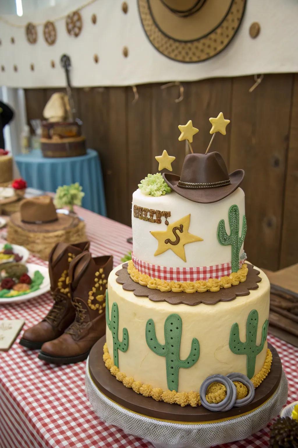 A sheriff star appends a playful Wild West twist to this cowgirl cake, sparking smiles and amusement.