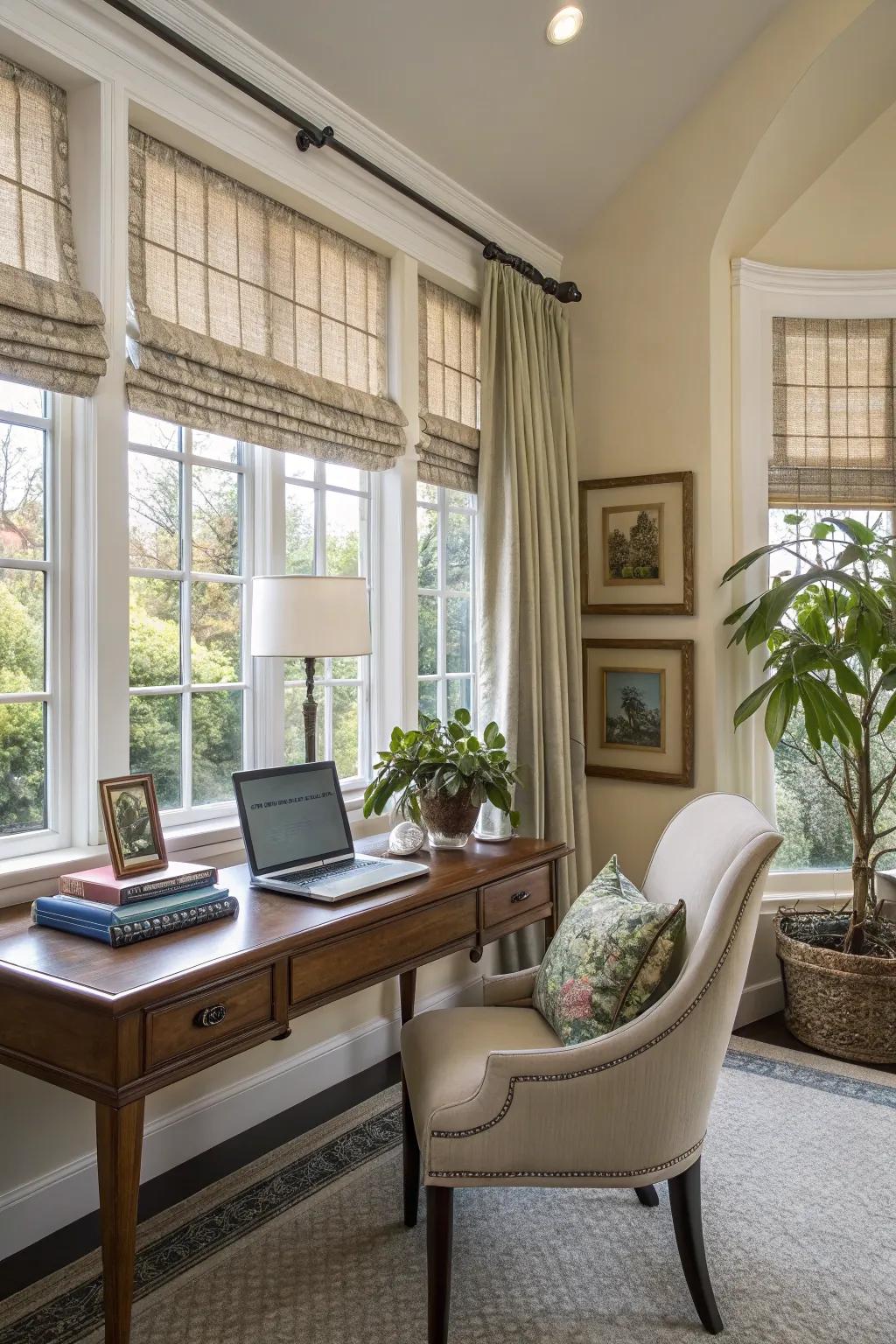 Combo of blinds and drapes for aesthetic appeal and light control.