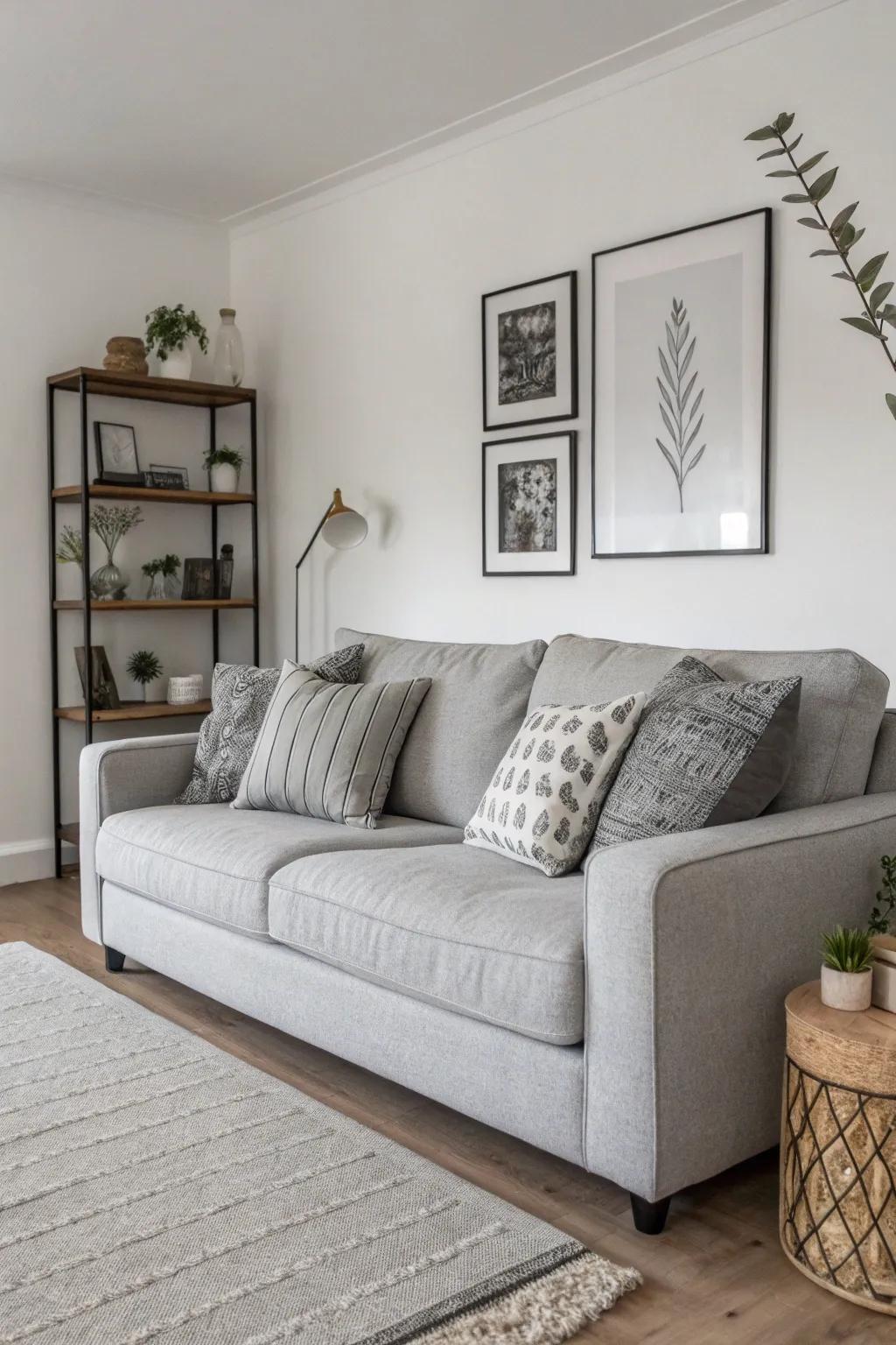 Monochrome pillows impart a fluid elegance to a charcoal sofa.