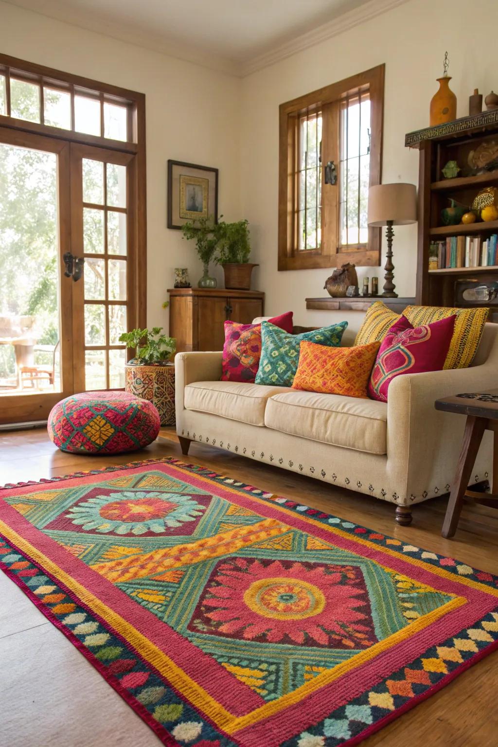 Accent pieces like colorful rugs add personality.