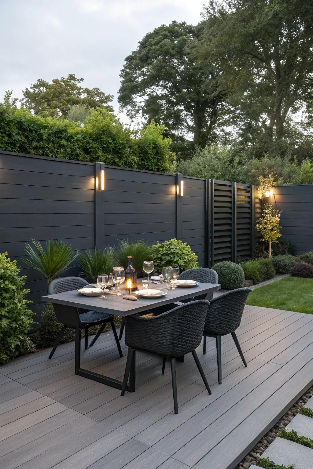 A modern terrace with a deep charcoal barrier and matching decking for outdoor dining.
