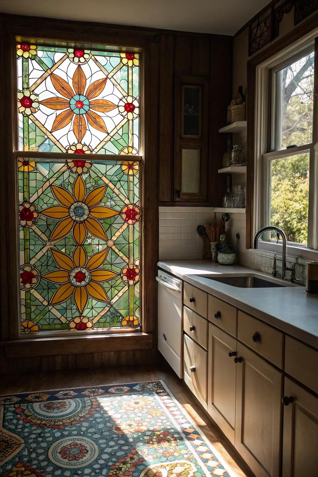 Stained glass window privacy film provides seclusion and visual interest.