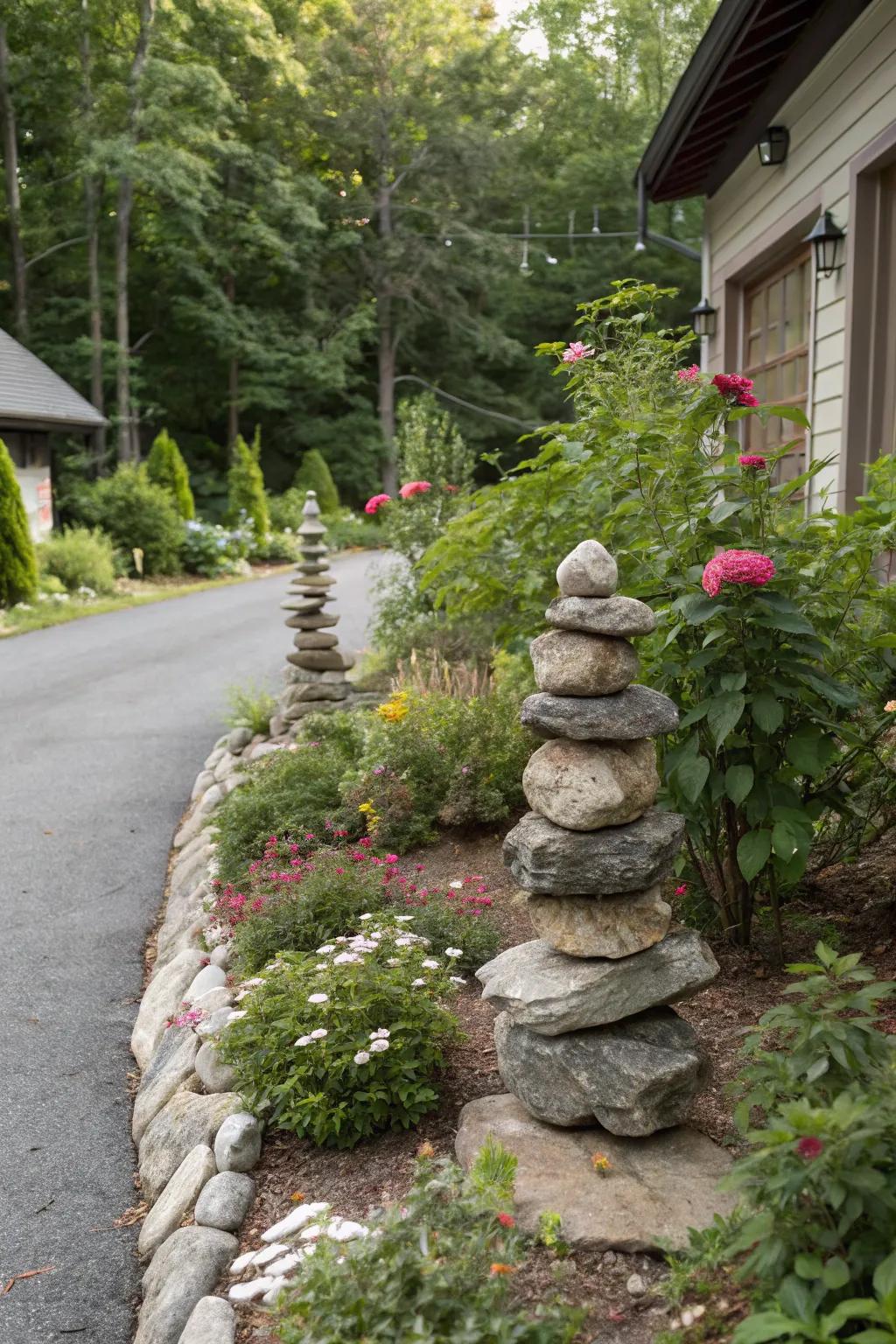 Stone cairns provide a natural and unique driveway marker.