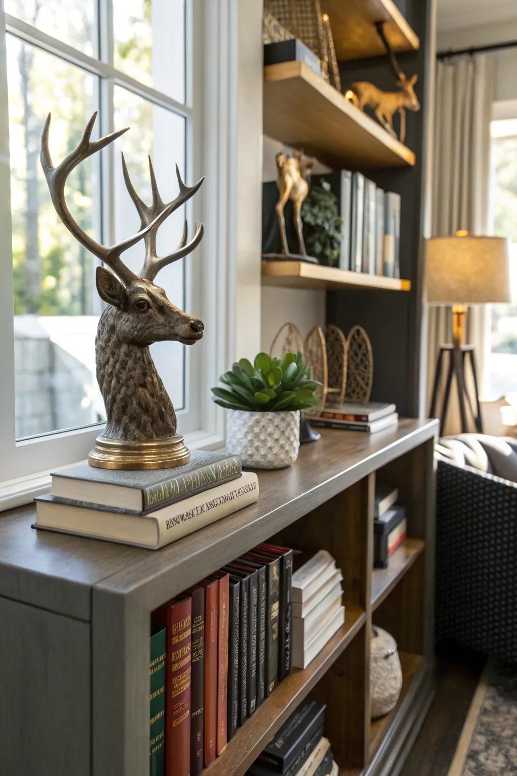 Deer antlers act as both functional and stylish book supports on a home office bookshelf.