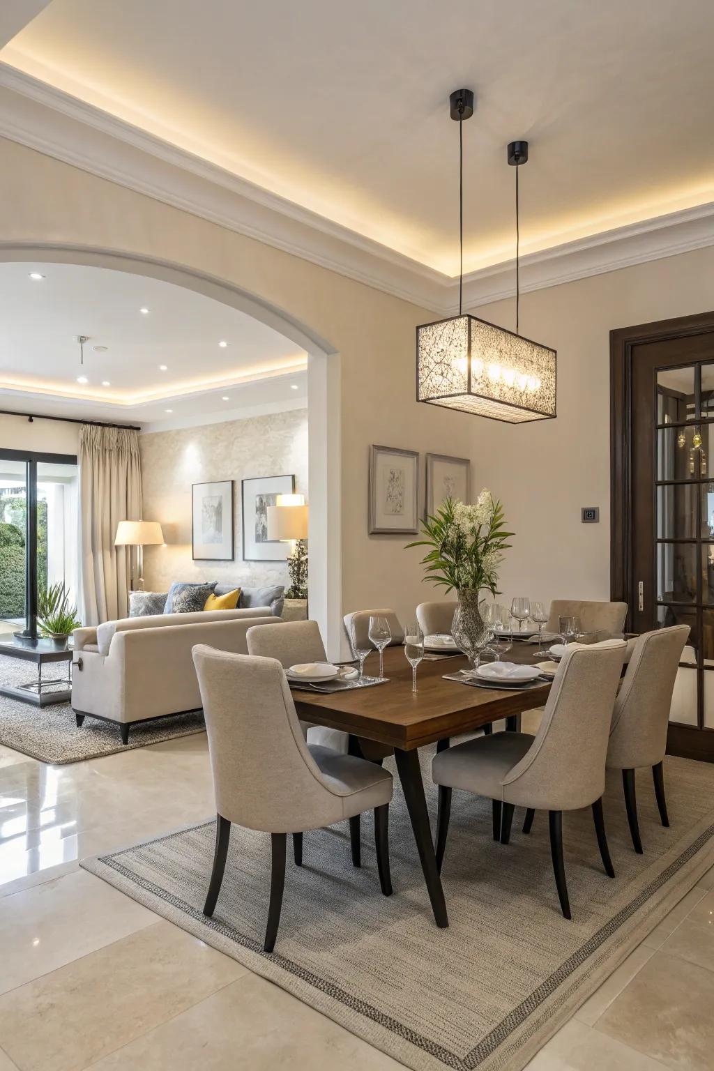 A vivid and understated color scheme that amplifies the dining room's openness.