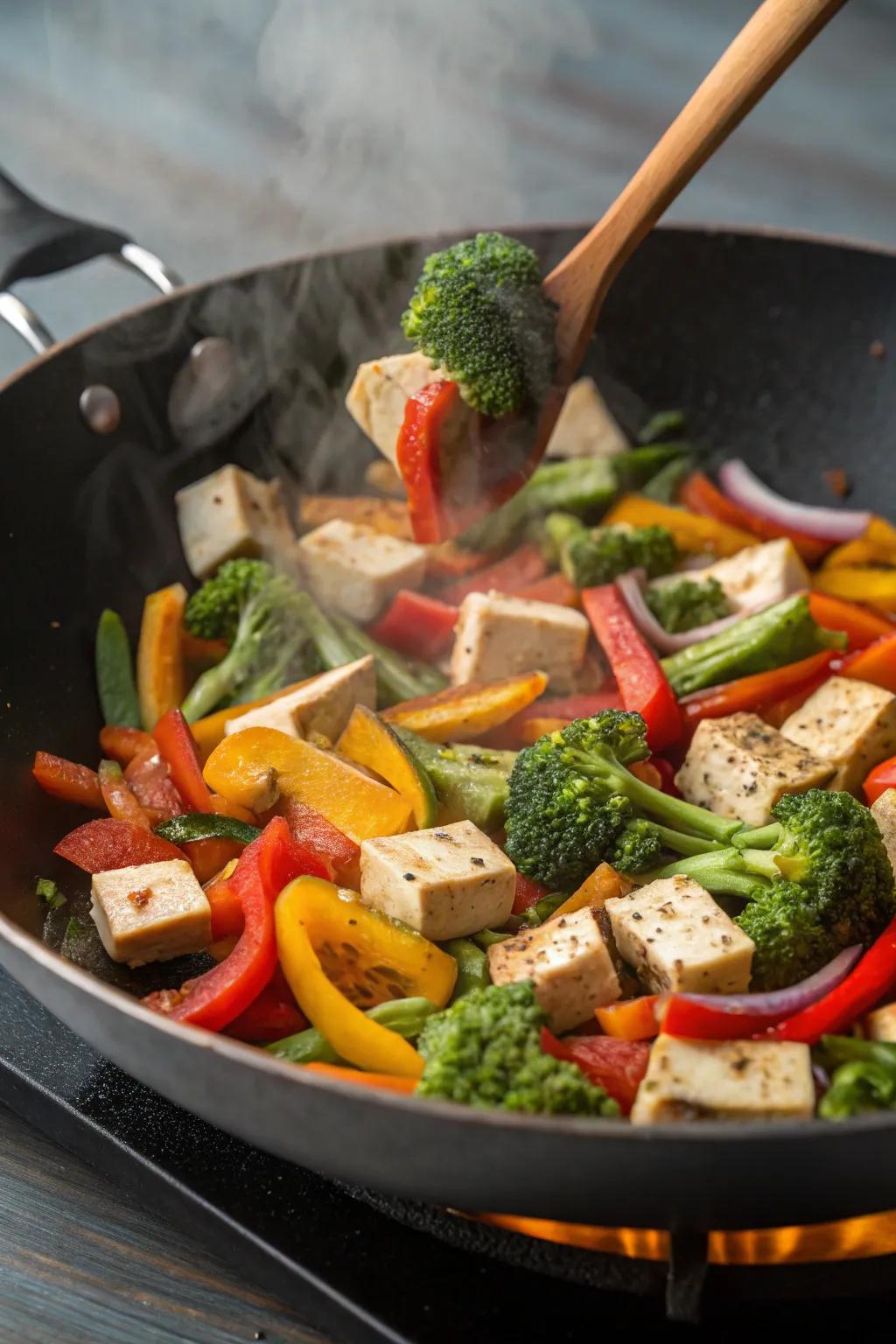 A vibrant vegetable stir-fry featuring tofu, perfect for a light and healthy meal.