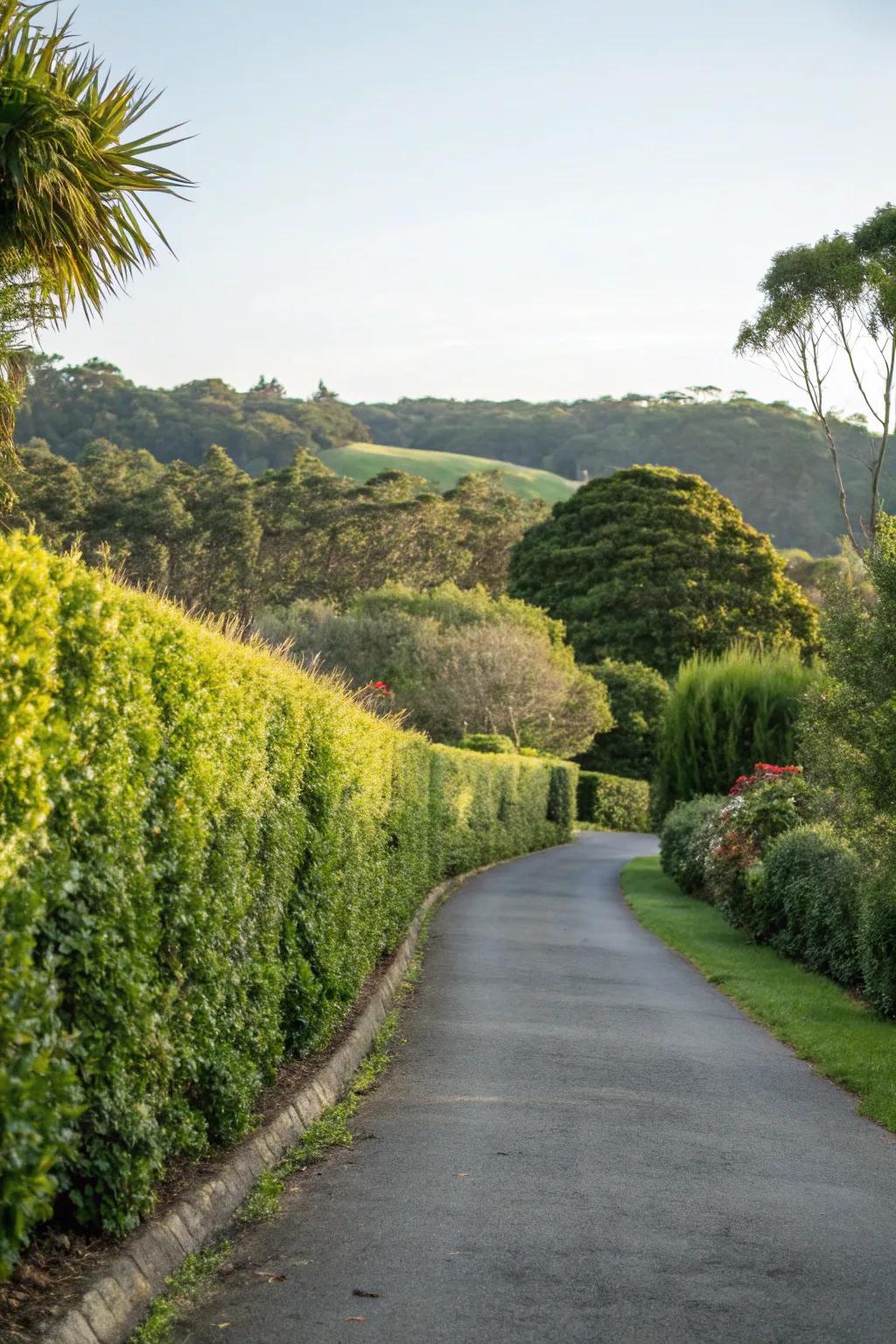 Indigenous vegetation hedges delivering a natural semblance alongside a driveway.