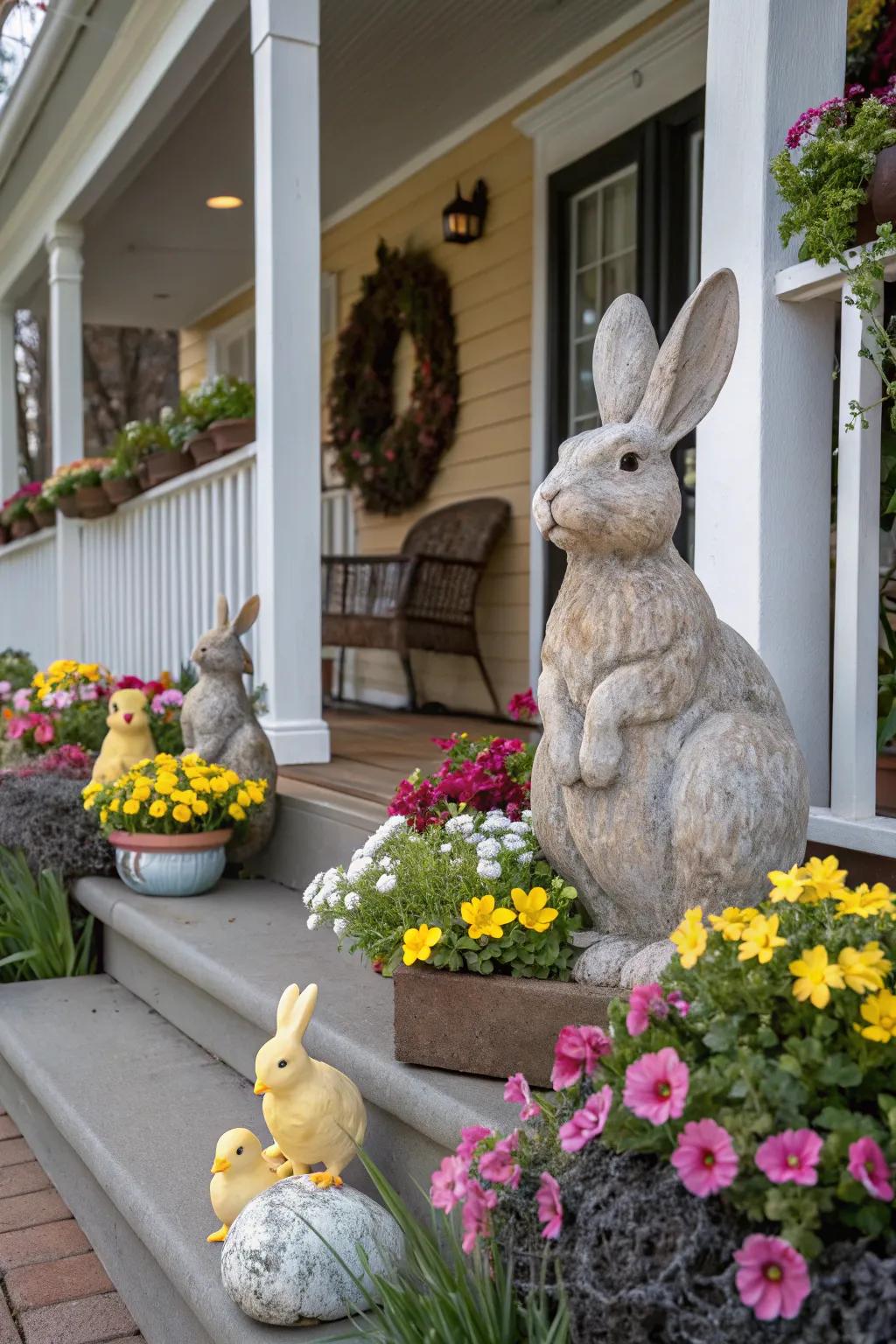 Garden statues bring playful charm to your porch.