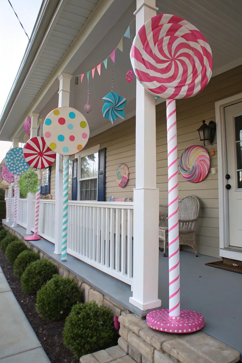 Oversized lollipops bring playful whimsy to the veranda.