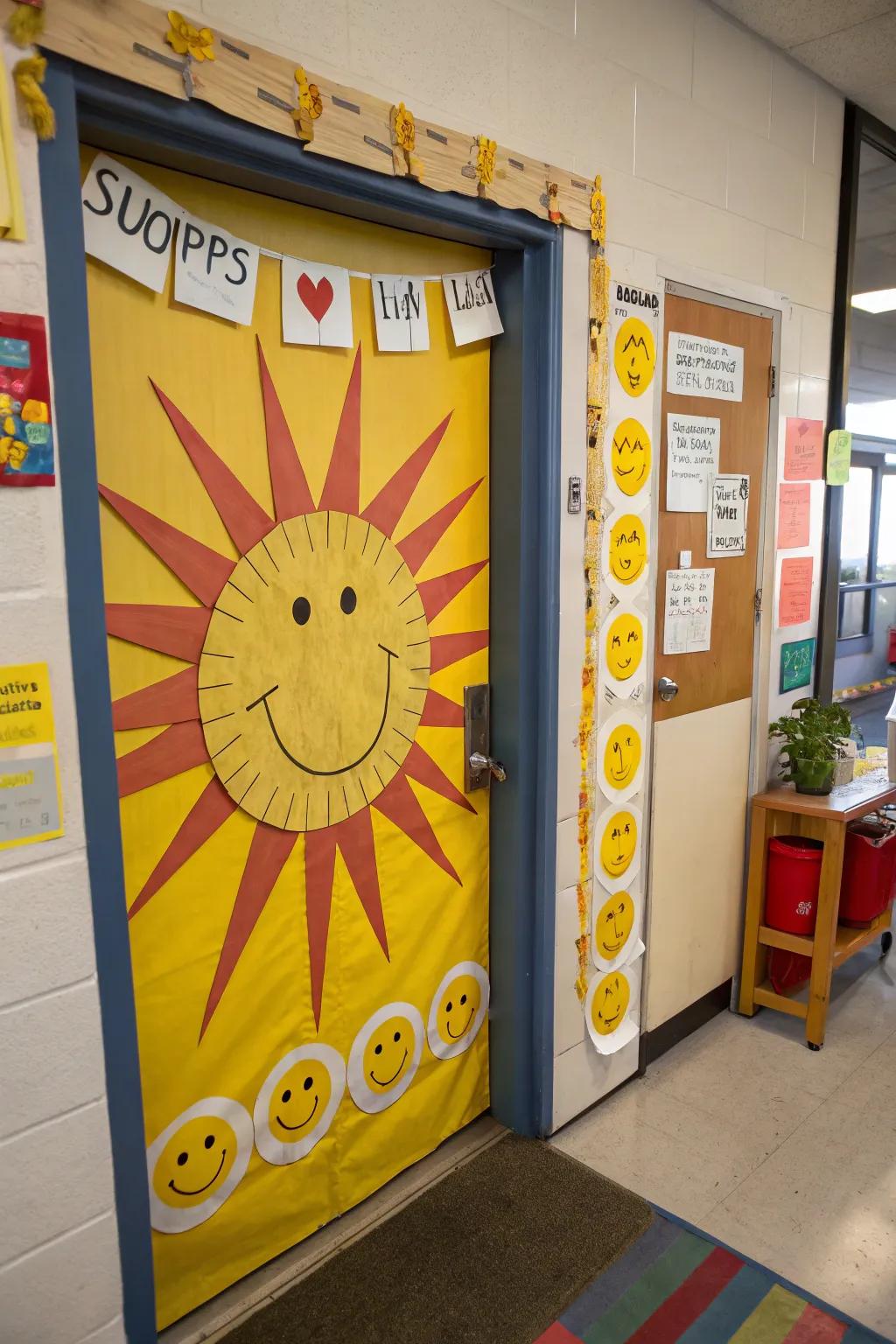 A vibrant sun shines on this classroom door, spreading smiles and sunny spring vibes.