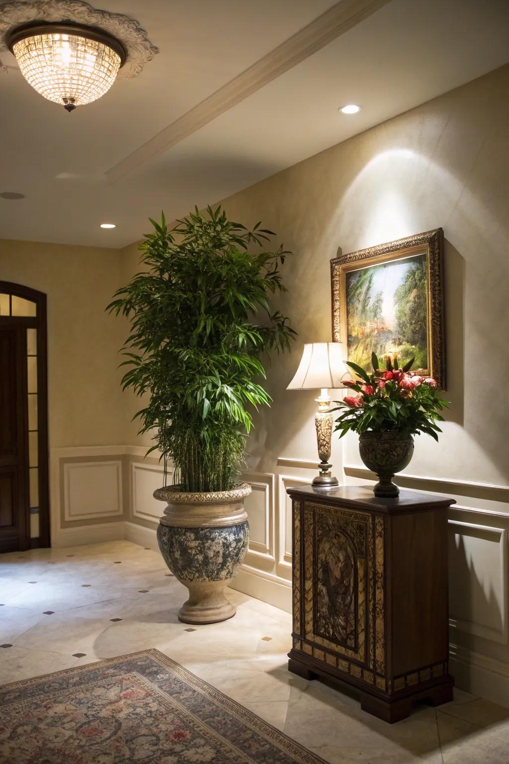 Spotlight draws attention to decor in this fashionable foyer.