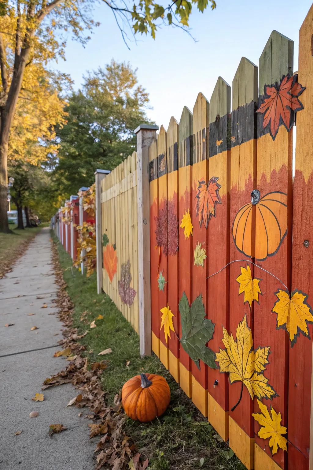 Timber planks featuring autumn motifs personalize the fence.