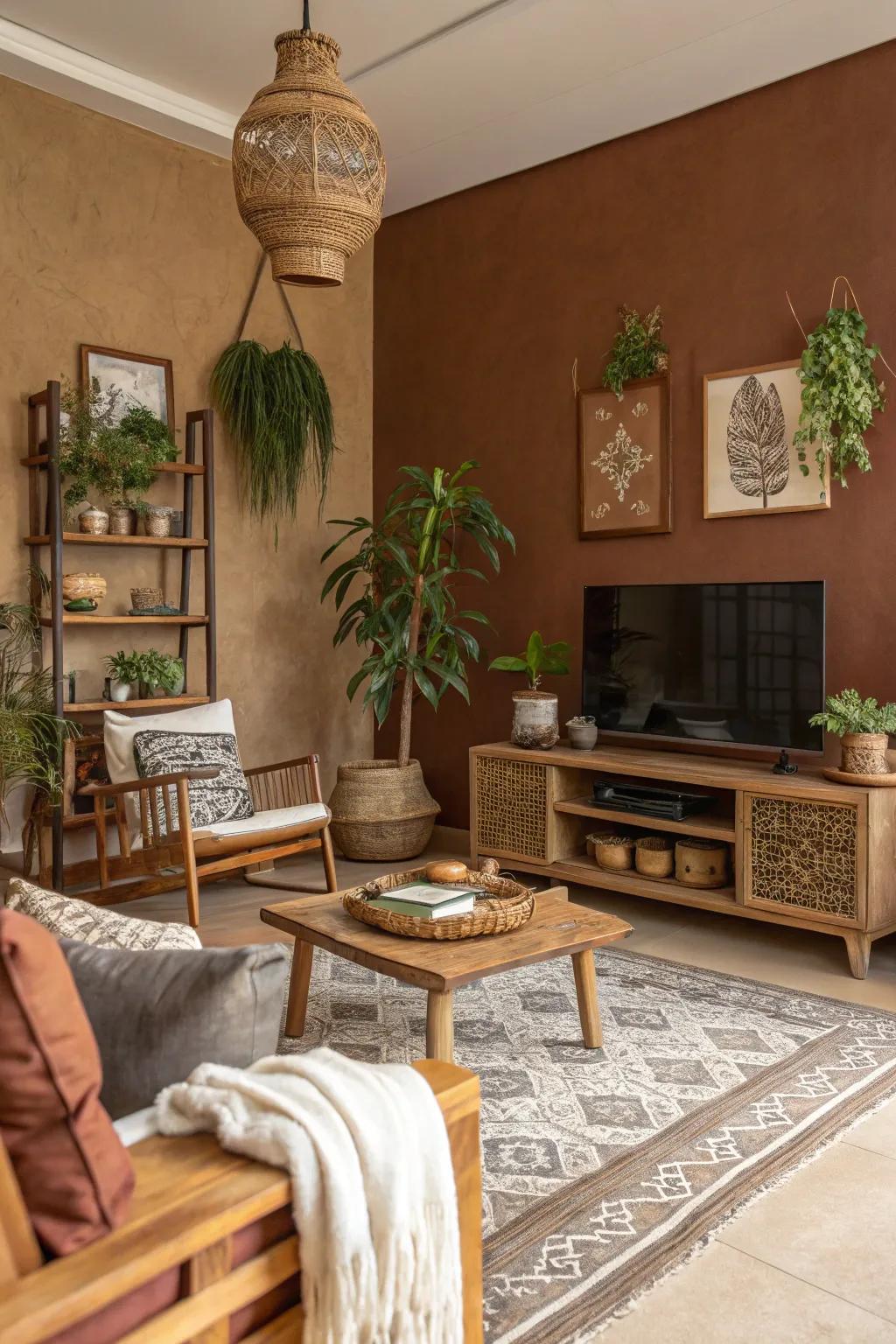 Earthy brown walls provide a warm, inviting backdrop.