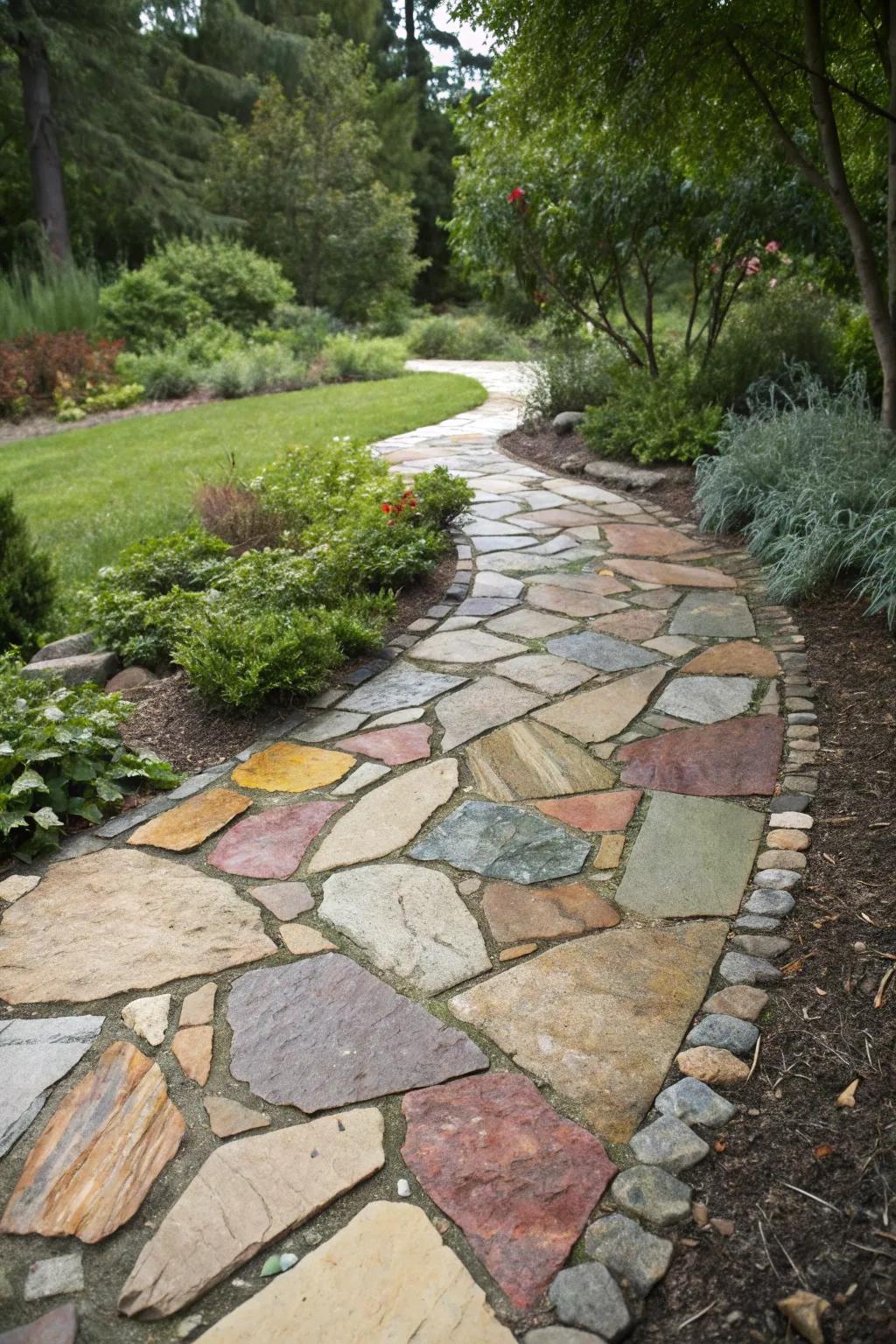 An imaginative cobblestone trail showcasing a vibrant spectrum of shades and shapes.