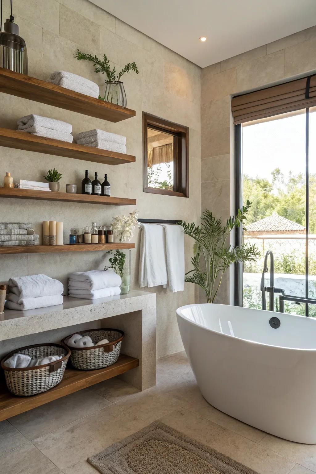 Bathroom floating shelves providing elegance and utility.