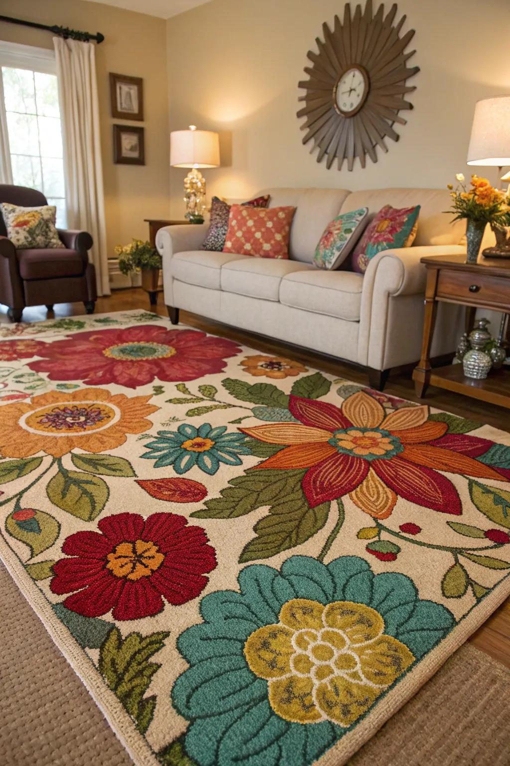 With a floral rug, ground your space.