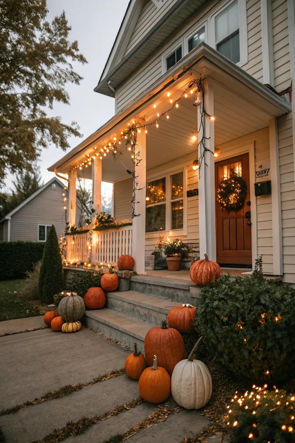 A front porch adorned with pumpkins and holiday lights.