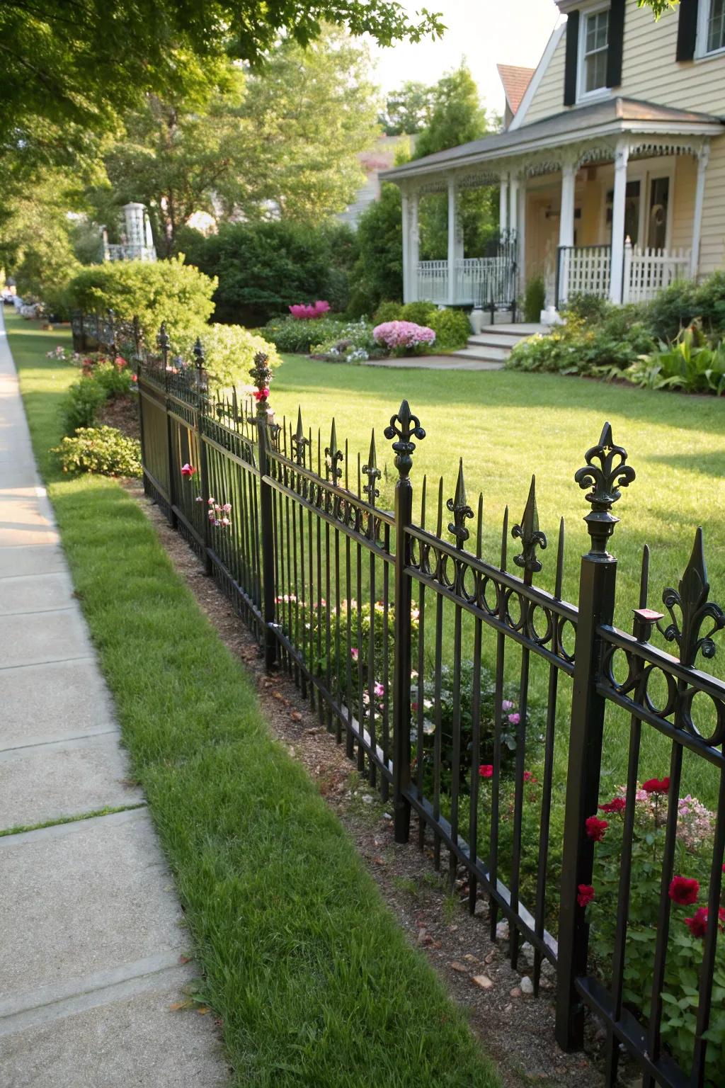 A wrought iron fence with spearhead design elements standing strong in a front yard.