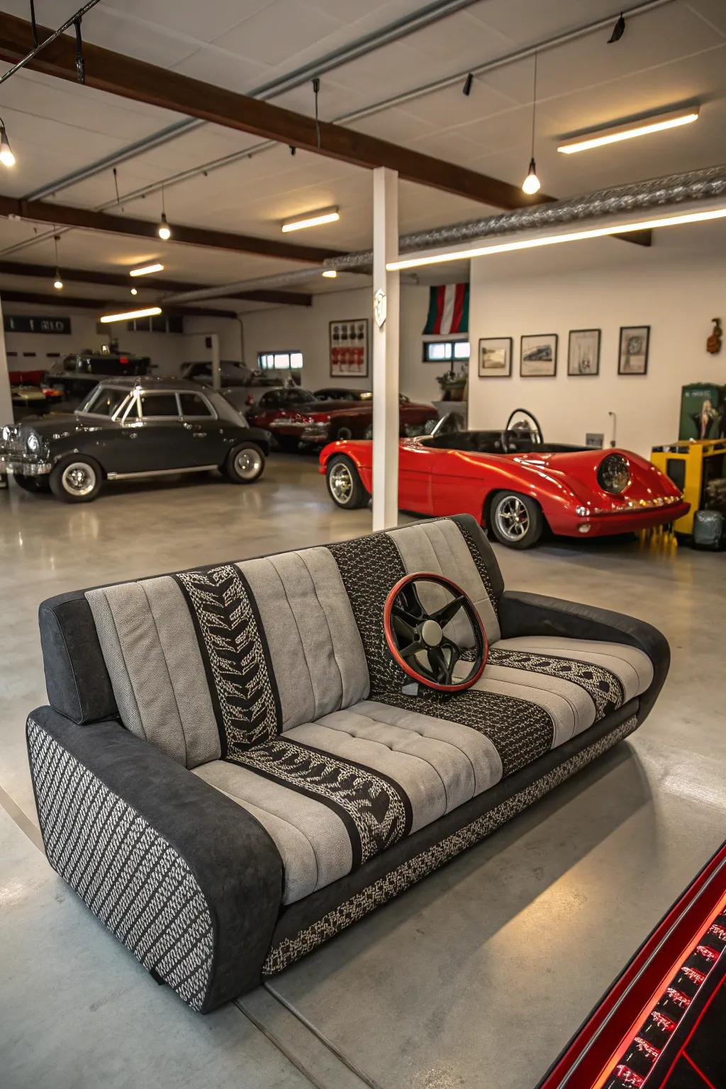 Auto-inspired sofas celebrate car culture, perfect for garage enthusiasts.