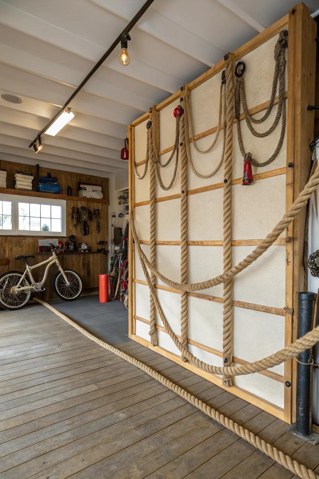 Rope-based wall dividers create a nautical theme with subtle partitioning.