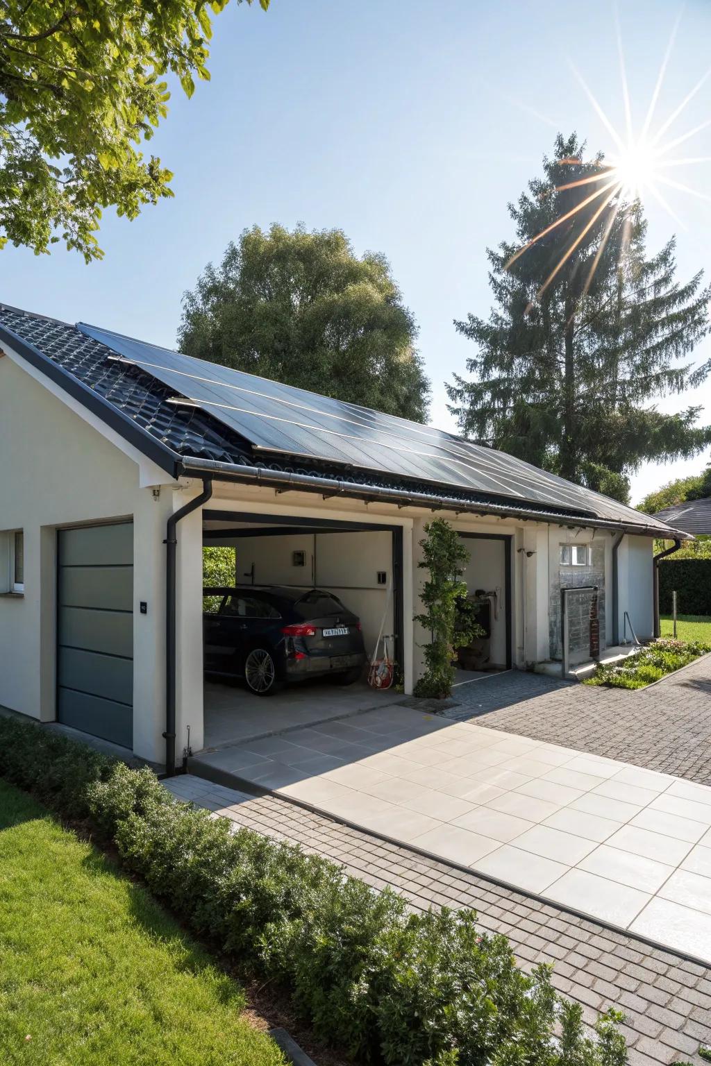 Solar electrics smoothly integrated into a garage roof addition.