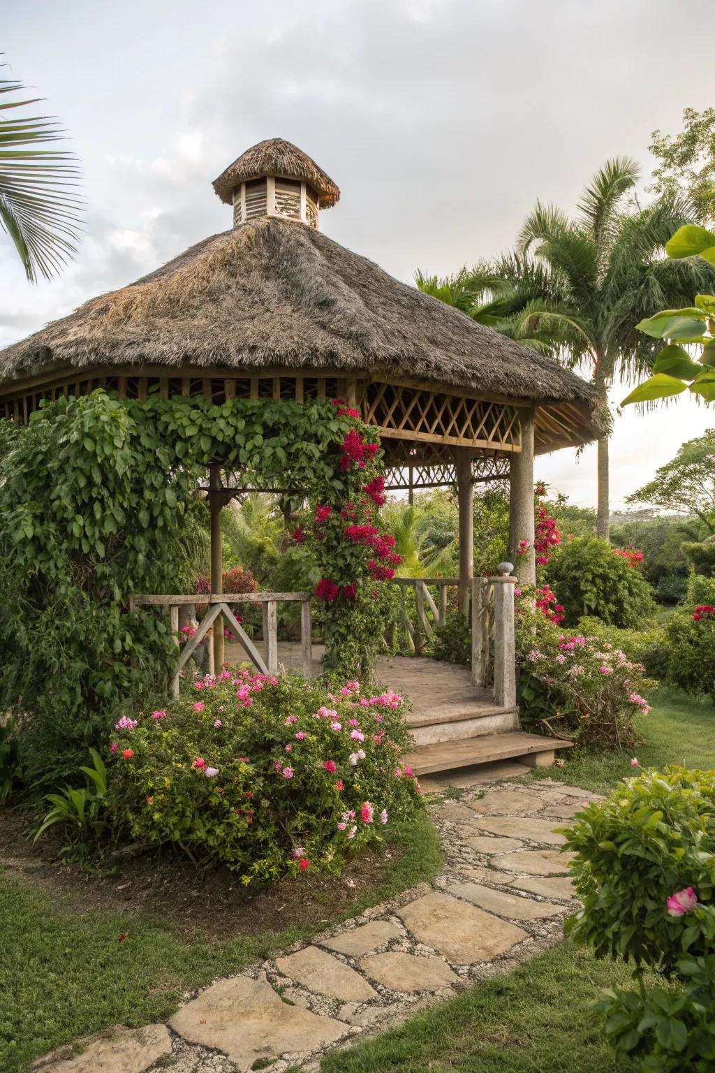 A gazebo with a reed summit, ideal for a tropical garden escape.