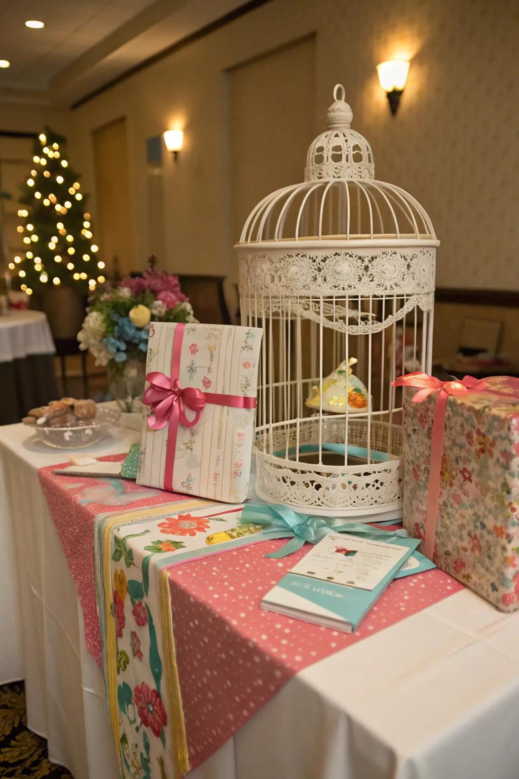 Add whimsy to your gift table with a charming birdcage for cards.