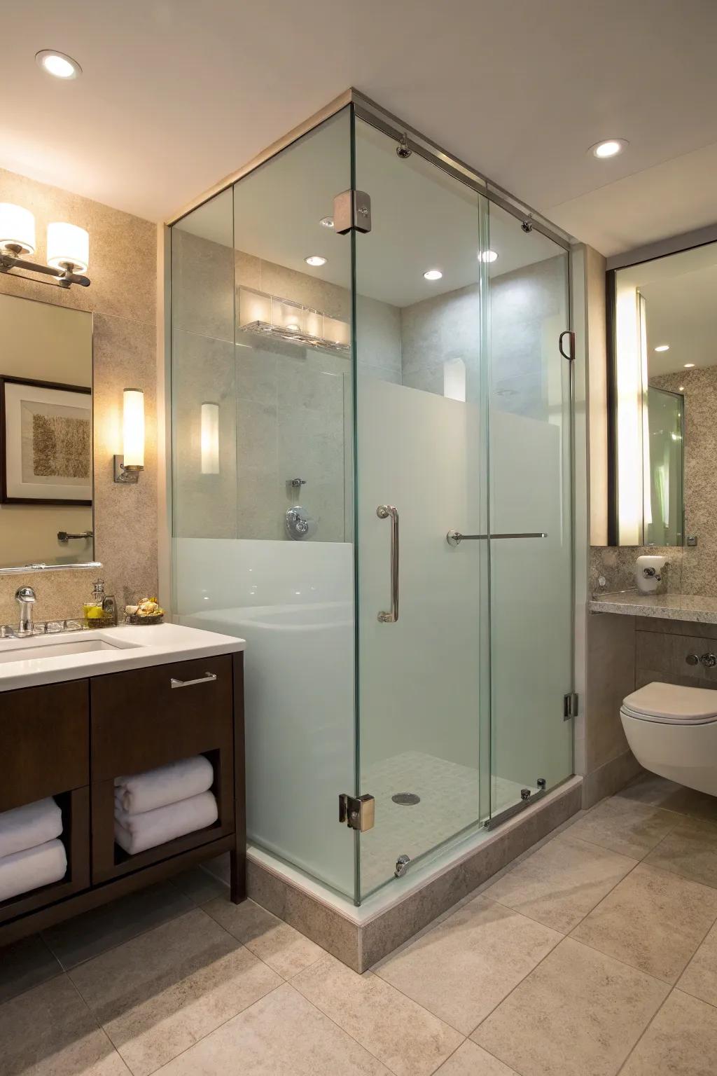 Frosted glass offers privacy while maintaining a chic aesthetic.
