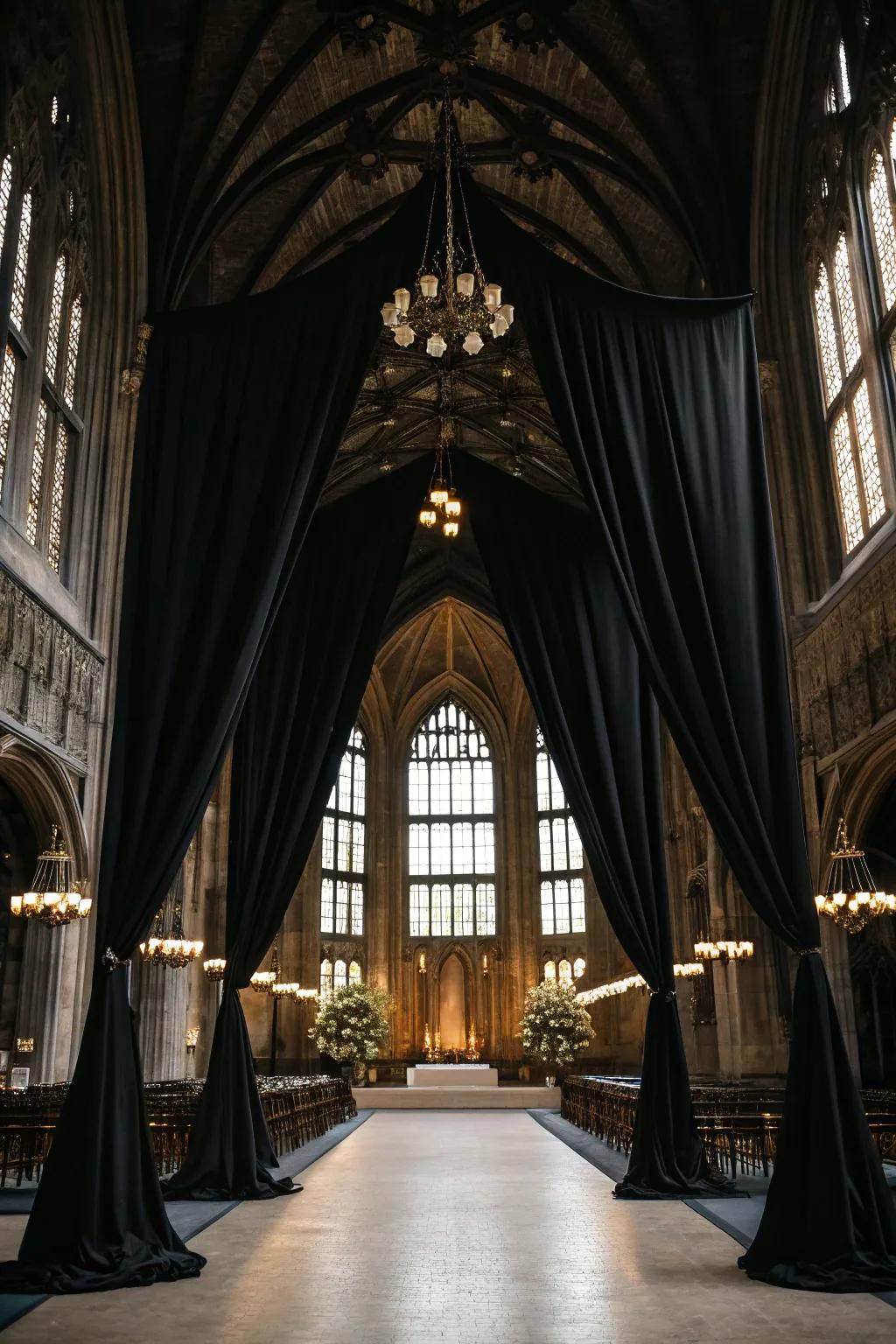 A Gothic wedding venue enhanced with elegant black drapes.