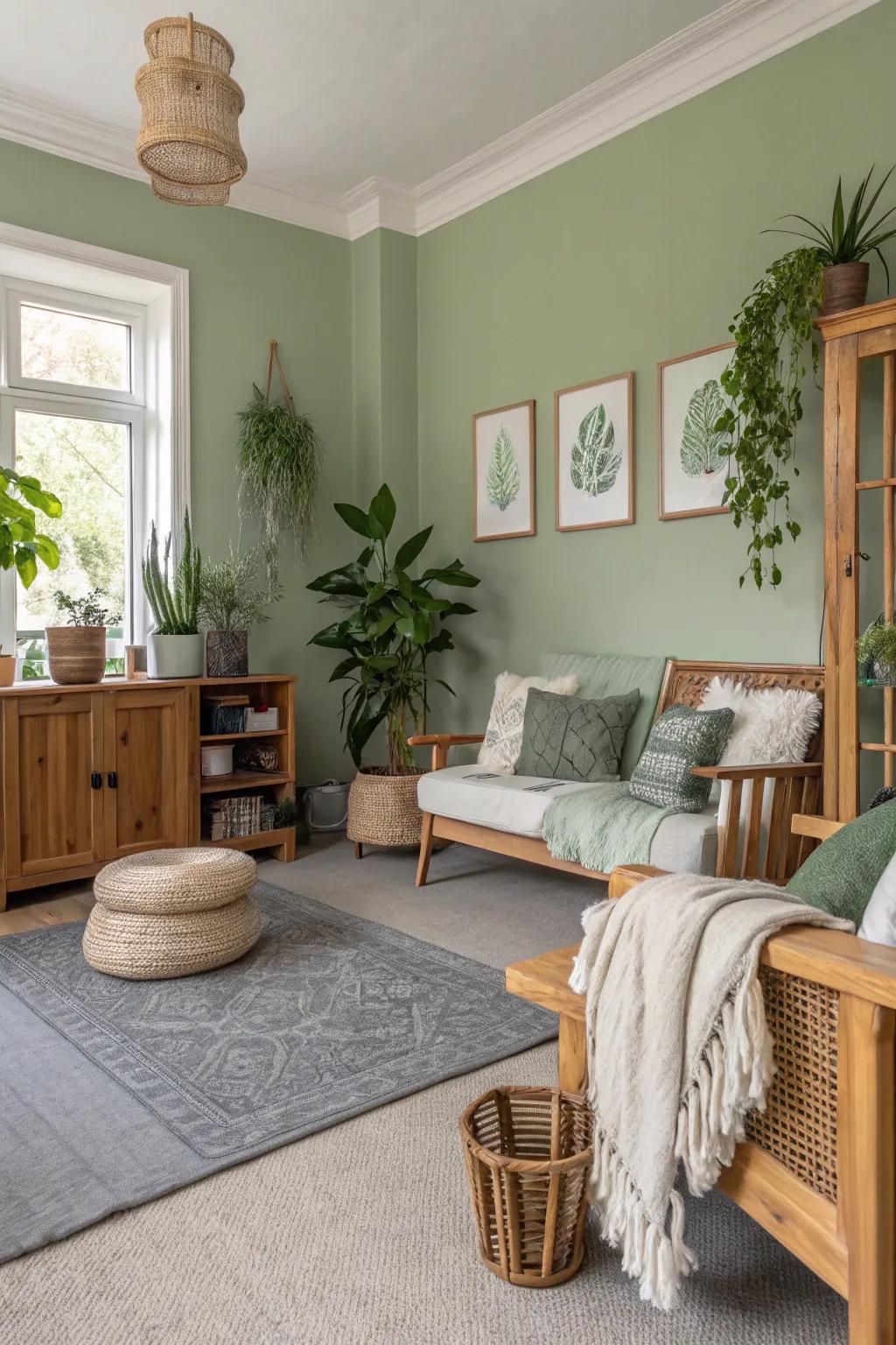 Herb-toned walls provide a calming backdrop with gray carpets.