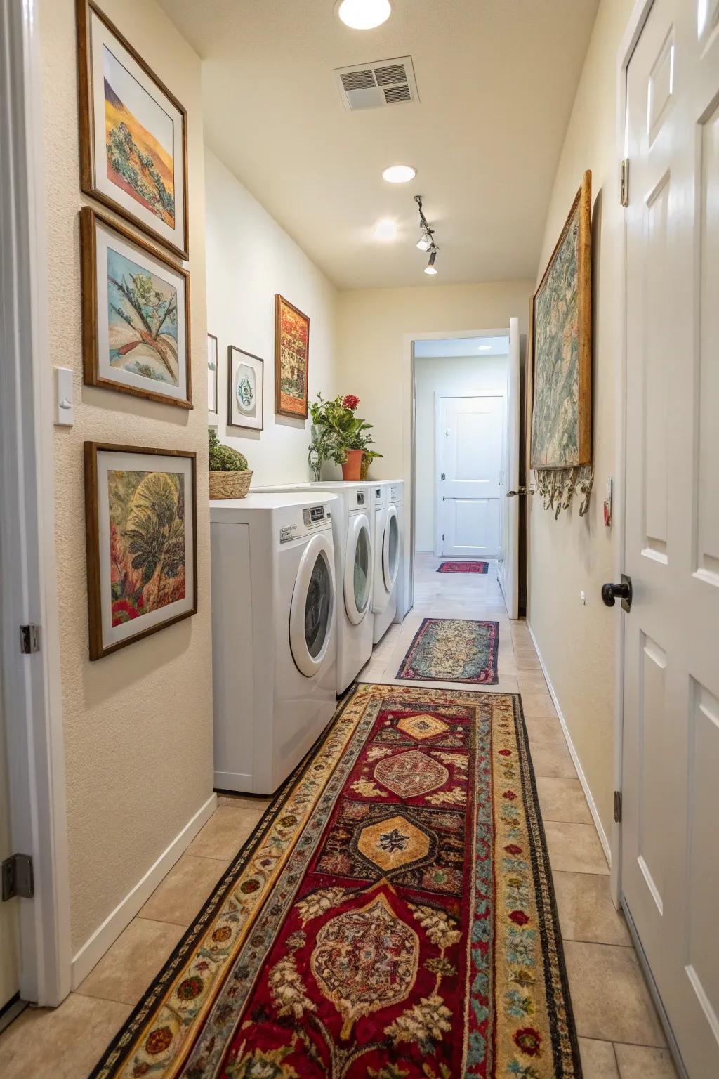 Ornamental features inject vibrancy and individuality into a hallway laundry area.