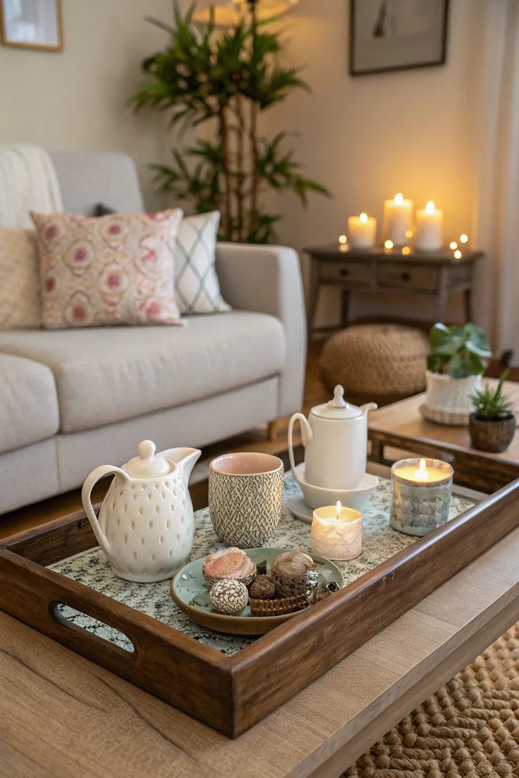 A functional coffee table adorned with a stylish decorative tray.
