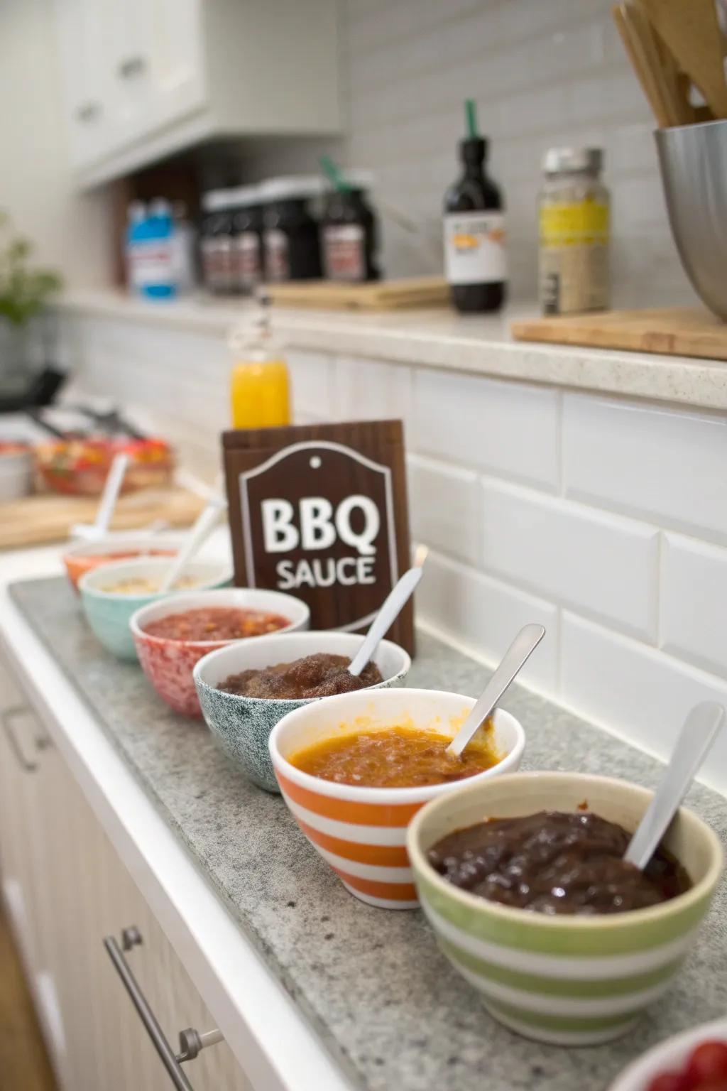 A DIY BBQ sauce station lets guests personalize their flavors.