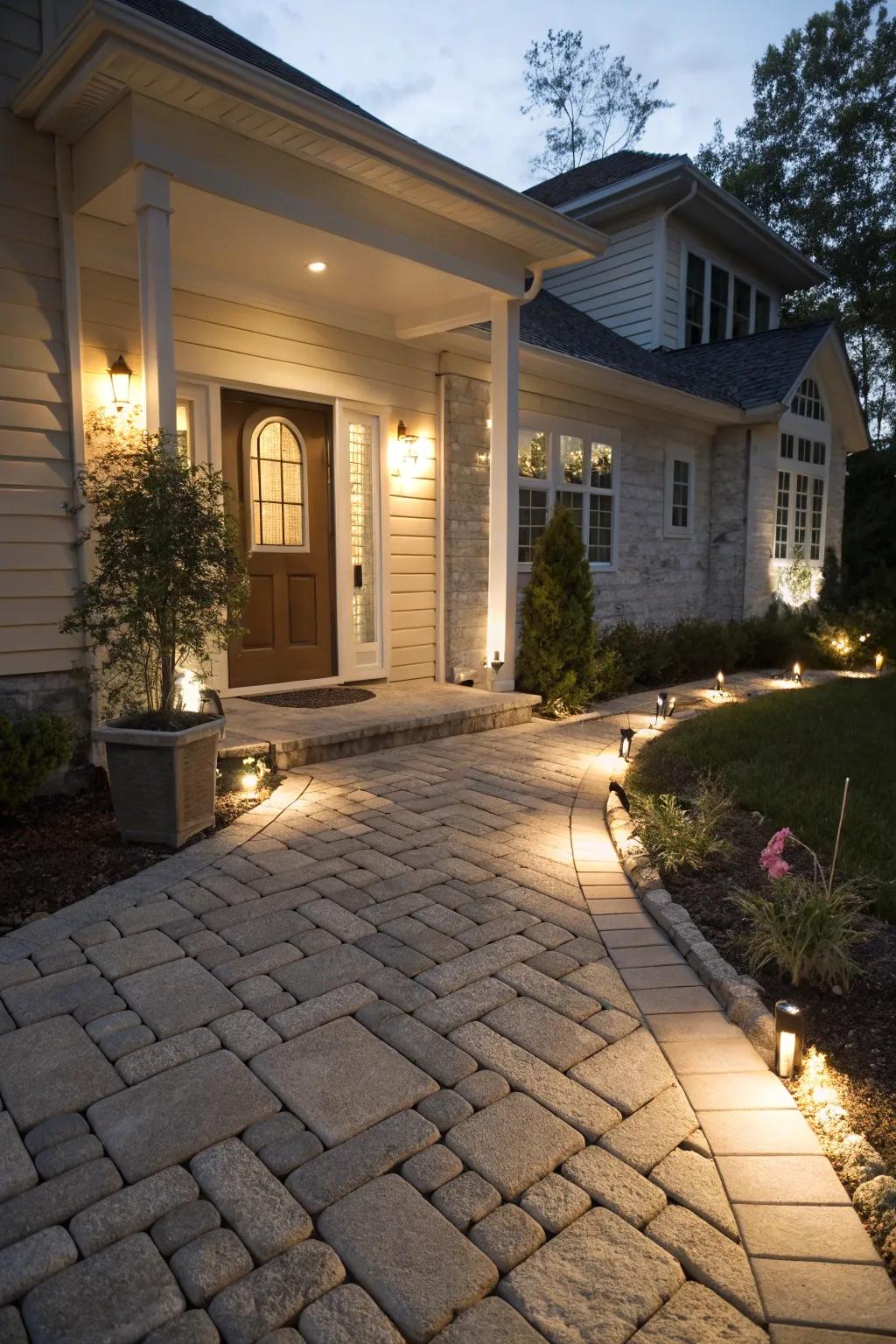 Subtle lighting adds warmth to this interlocking entrance path.