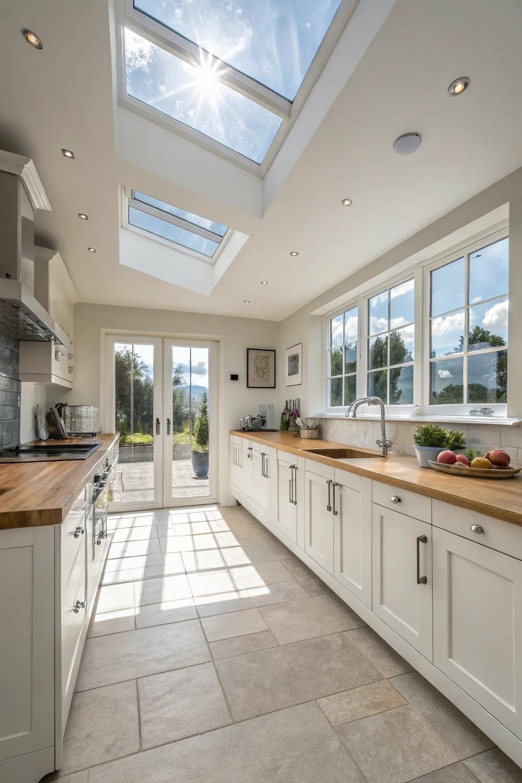 Brighten your kitchen space through natural light provided by skylights.