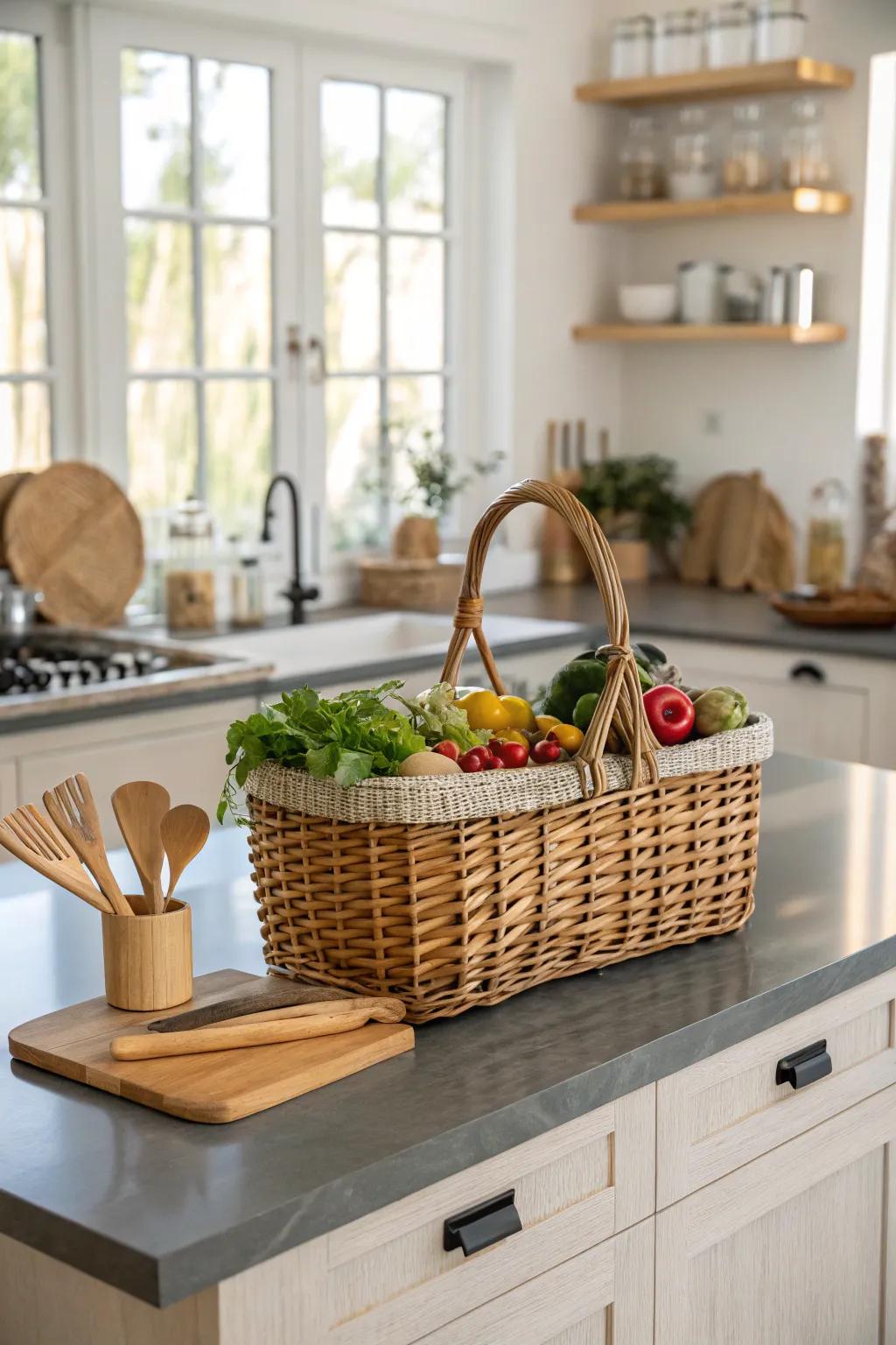 Organic textures enhance the kitchen's warmth and character.