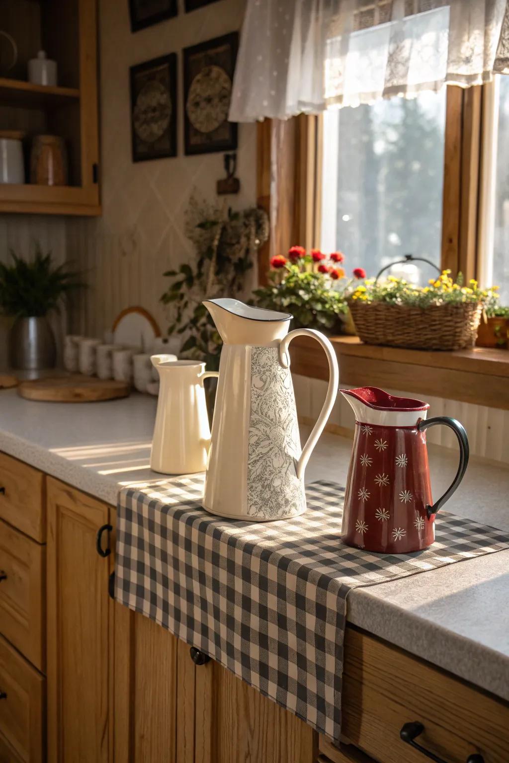 Decanters and flagons contribute charm and practicality.