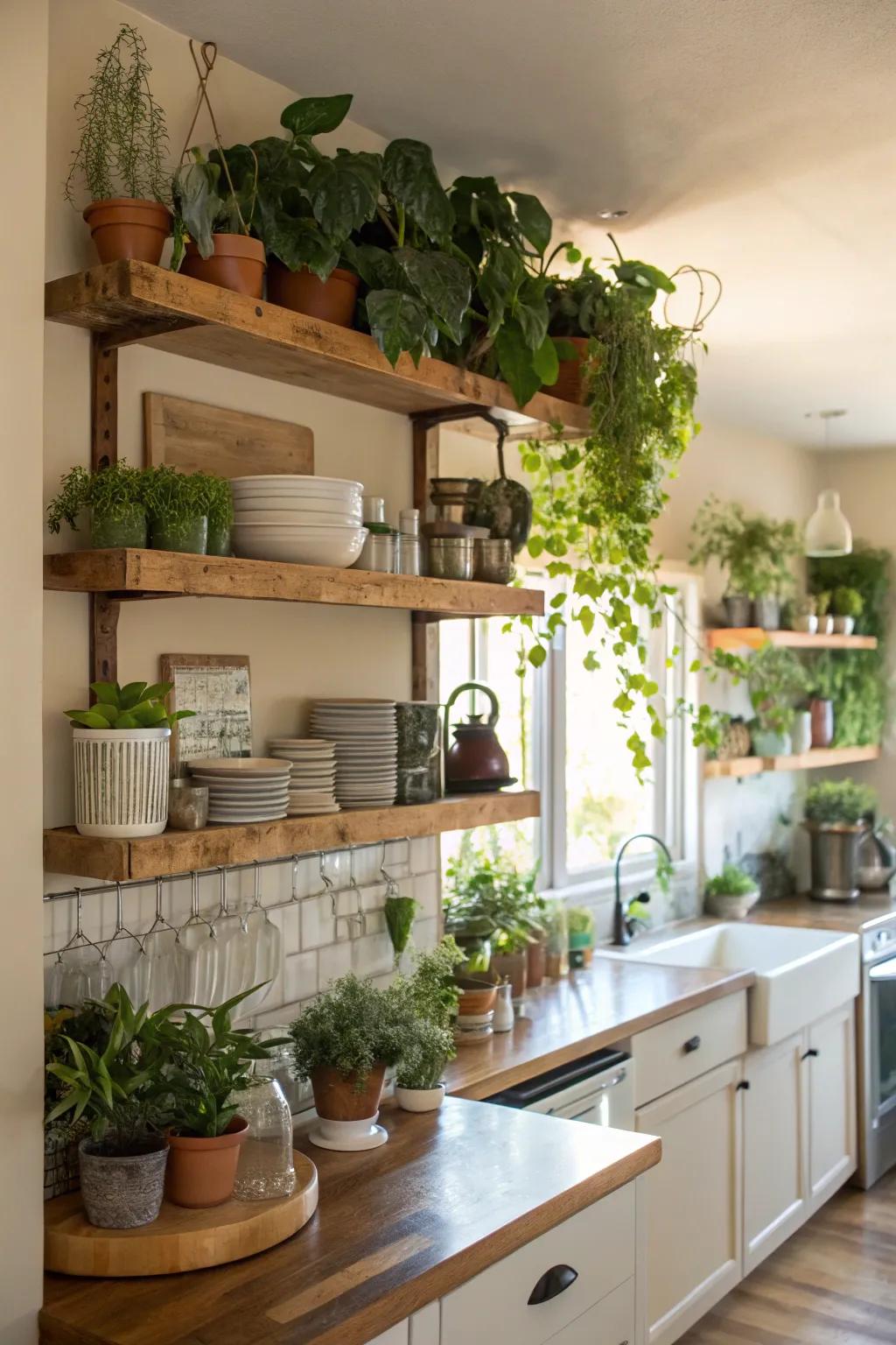 Greenery on shelves enhances beauty and air quality.