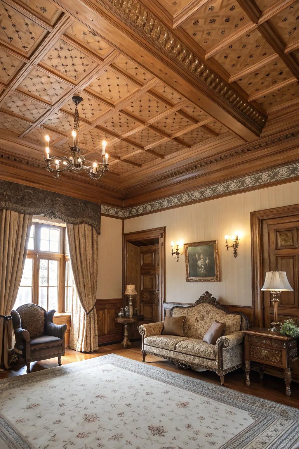 An elegant room where ornamental molding enhances the rough-sawn fir ceiling.