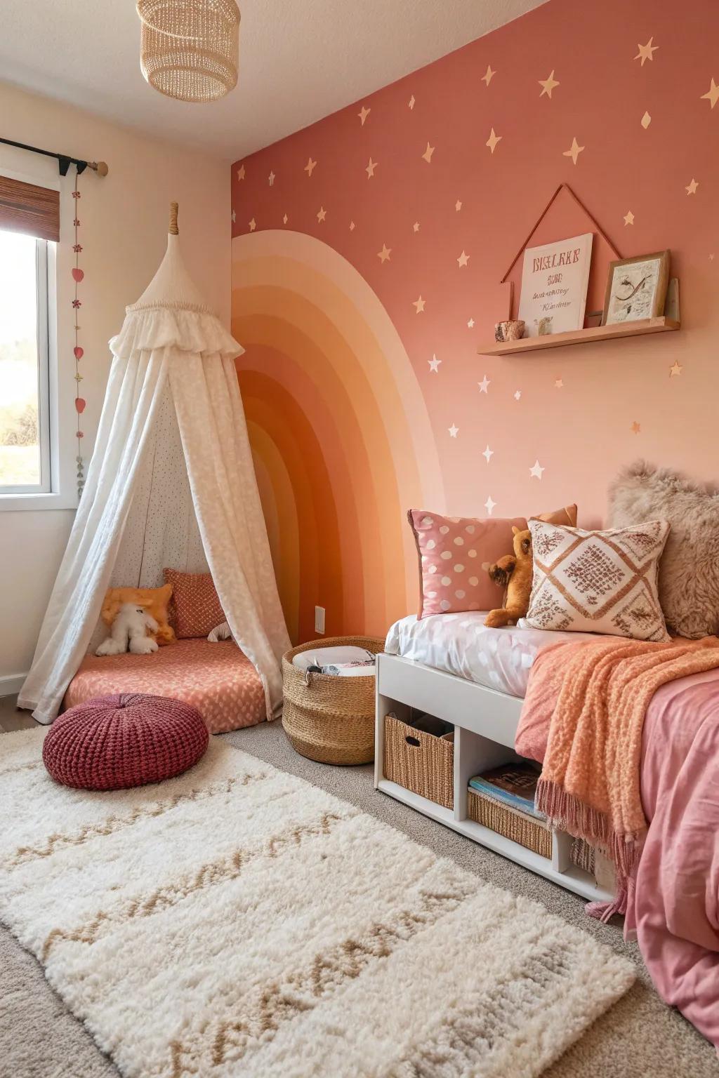 A sunset ombre wall adds warmth and dynamic movement.
